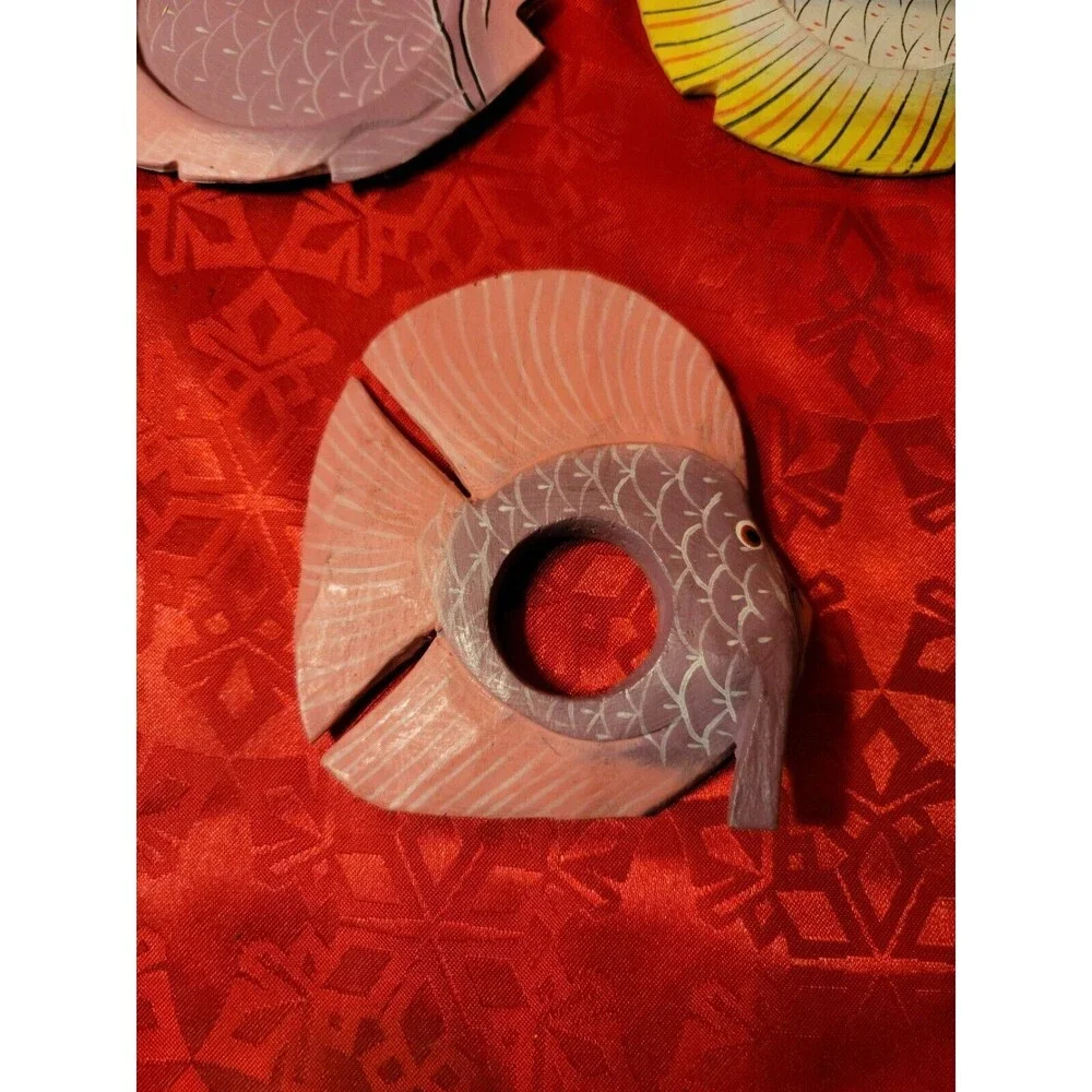 Hand Painted Wooden Fish Napkin Rings Home Decor Set of 6 with 4 Coasters
